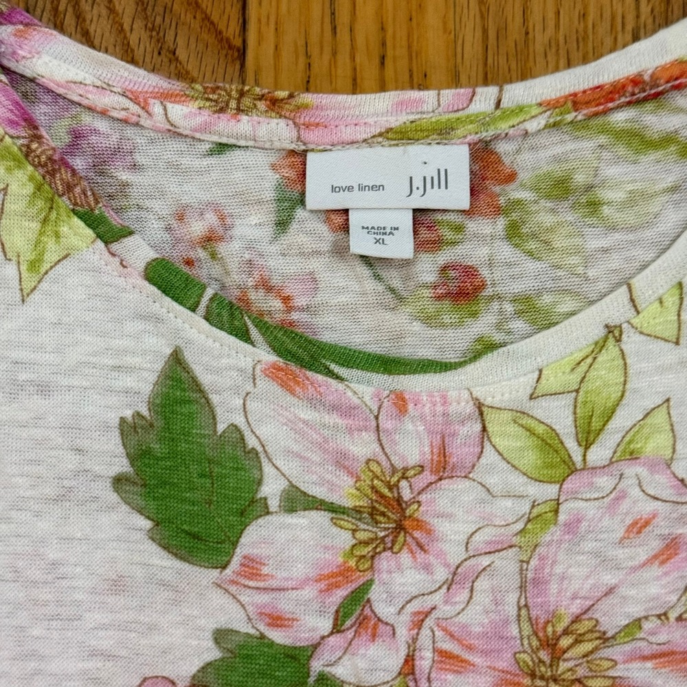 J. Jill Love Linen Shirt Womens XL White Floral Crossover-Hem Short Sleeve Linen - Picture 2 of 11